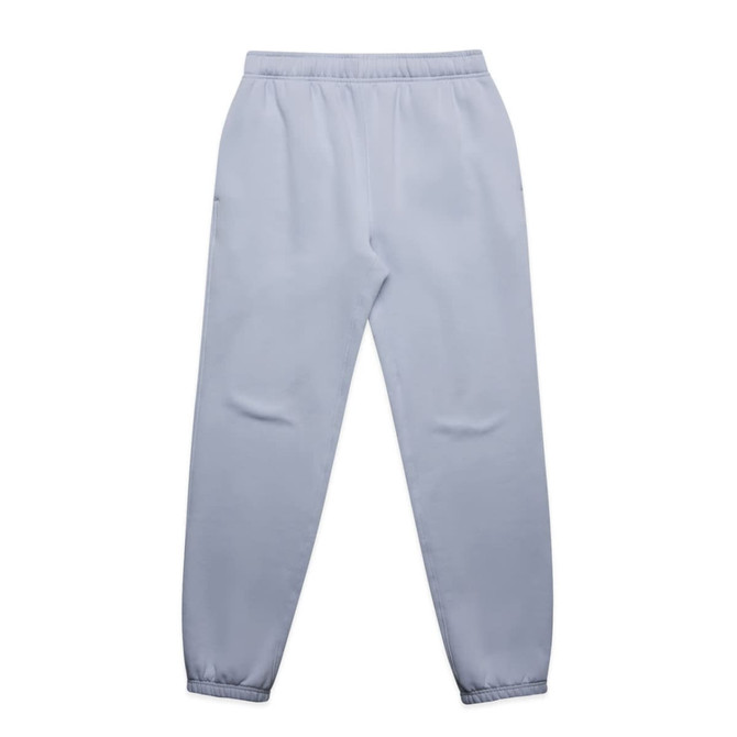 Light blue track pants featuring an elastic waistband and cuffed ankles, with a logo on one of the pockets.