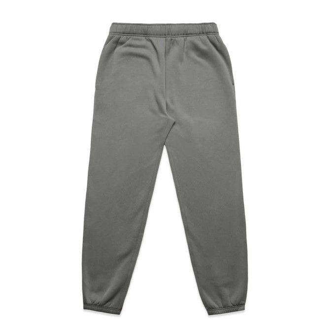 A pair of grey track pants with an elasticised waistband and fitted cuffs, featuring a logo.