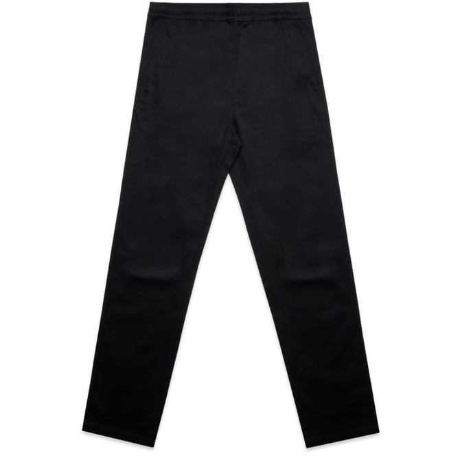 Black straight elastic pants with a simple design and waistband, featuring pockets and a plain style.