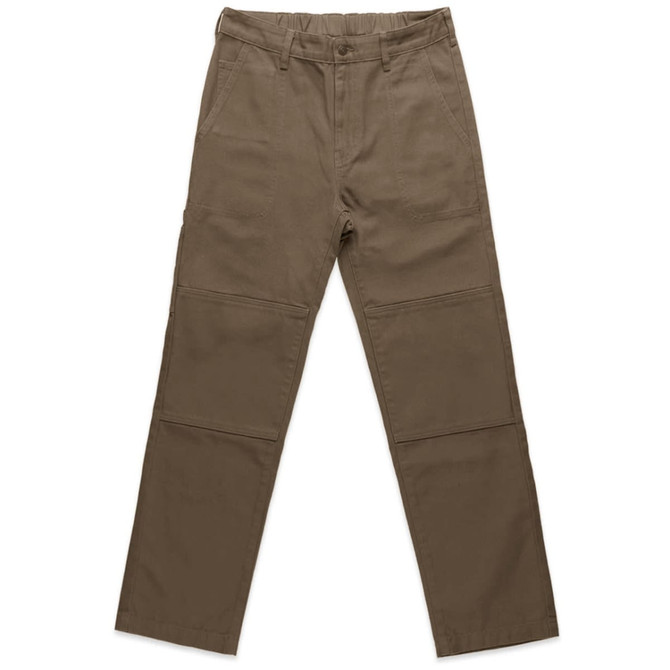 Brown cargo pants with a simple design, featuring two patch pockets on the front and a logo on the waistband.