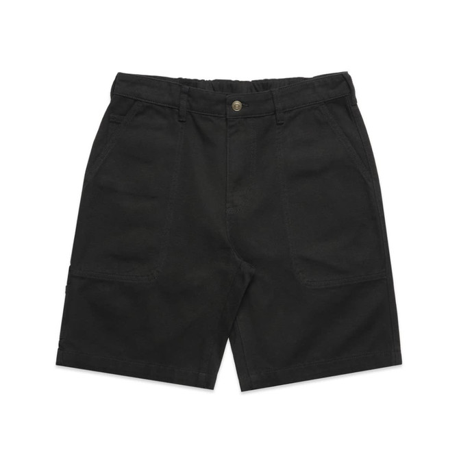Black canvas shorts featuring a waistband and multiple pockets, with a logo on the side.