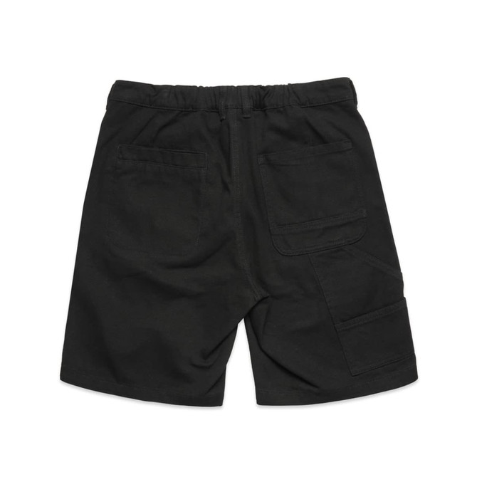 Black cargo shorts featuring an elastic waistband and multiple pockets. The back view highlights the pocket design.