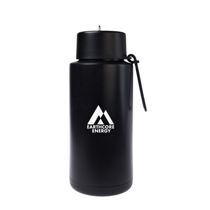 A drink bottle in matte black with a screw top lid and a logo featuring mountain designs.