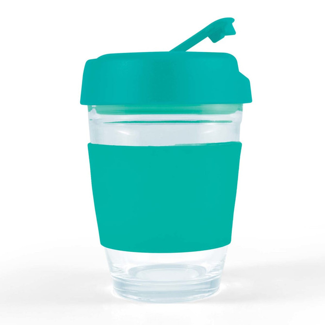 A reusable coffee cup featuring a clear body and a vibrant teal flip lid with a silicone grip band.