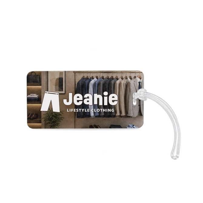 A luggage tag featuring a hanger graphic, with a background of neatly arranged clothing and a clear attachment strap.