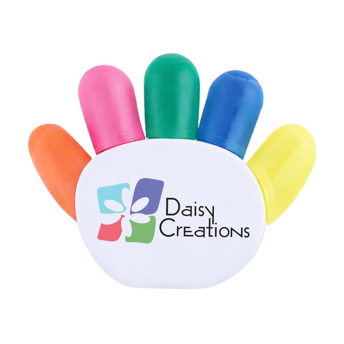 A palm-shaped highlighter set featuring pink, green, blue, orange, and yellow caps, with a logo on the base.