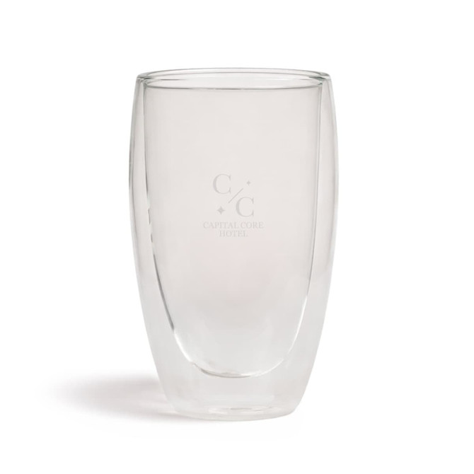 A double wall glass cup, transparent, with a logo, featuring a sleek, modern design ideal for hot or cold beverages.