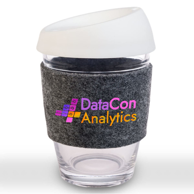 A reusable coffee cup featuring a silicone lid and a grey RPET band, branded with "DataCon Analytics" in colorful text.
