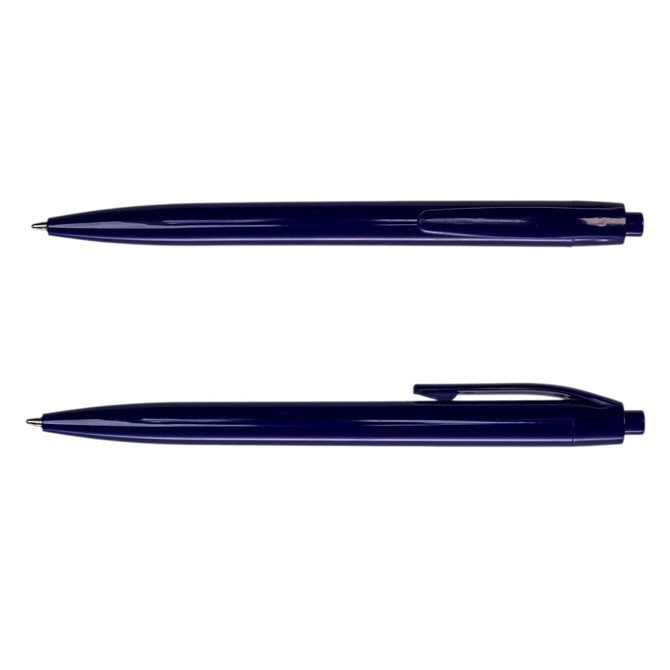 A navy blue plastic pen with a clip and a smooth barrel design, featuring a logo.