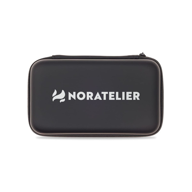 A black carrying case with a zip closure, featuring a logo on the front.
