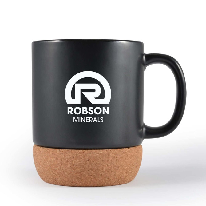 A ceramic mug with a cork base, featuring a logo for "Robson Minerals." The mug is matte black with a sturdy handle.