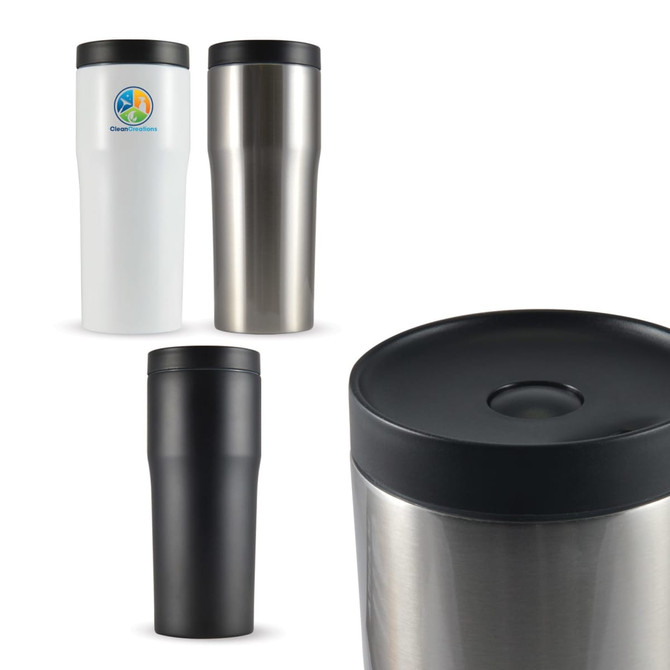A drink bottle set featuring stainless steel, white, and black travel mugs with black lids and a logo.