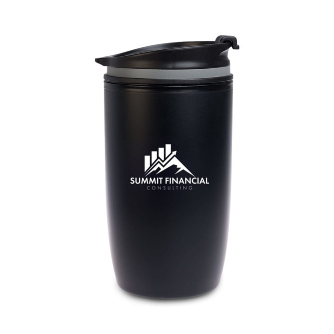 A reusable coffee cup in matte black featuring a secure lid and the logo of Summit Financial Consulting.