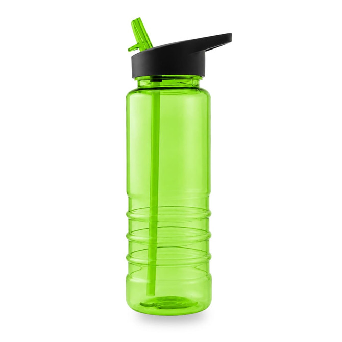 A drink bottle in vibrant green, featuring a black lid and a built-in straw. It has a ribbed design.