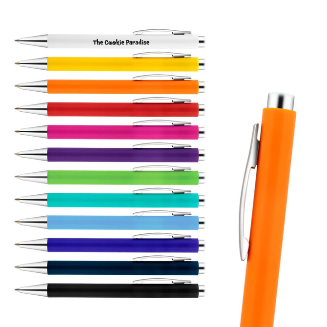 A collection of Aspen plastic pens in various colours, including orange, pink, blue, and black, featuring a logo.