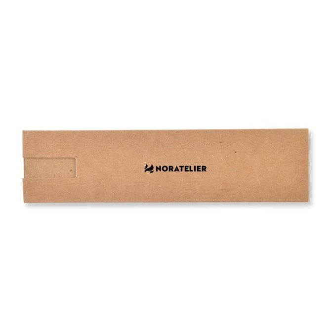 A rectangular cardboard packaging with a branding logo, designed to hold a pen or stylus.