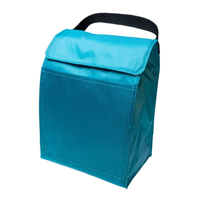 A turquoise cooler bag with a handle and flap closure, featuring a glossy finish. It has branding on the front.