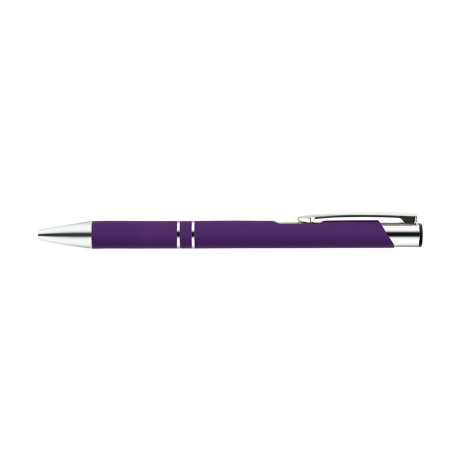 A purple metal pen with silver accents and a clip, featuring decorative stripes on the barrel.