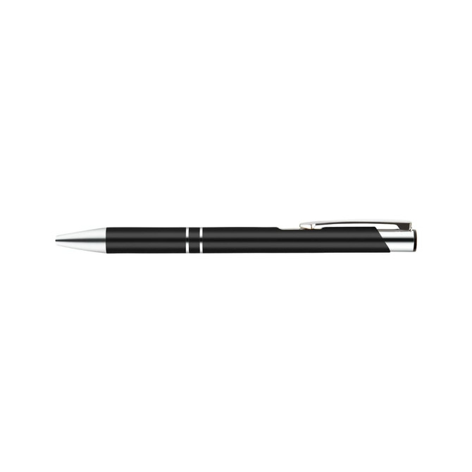 A sleek black metal pen with silver accents, featuring a convenient clip and minimalist design.
