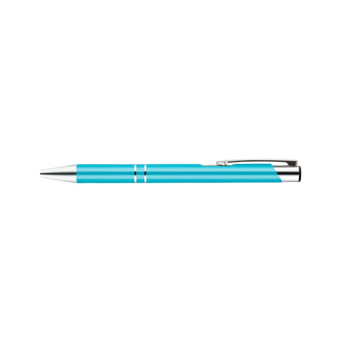 A metal pen in a bright turquoise colour with silver accents and a clip. Features a logo.