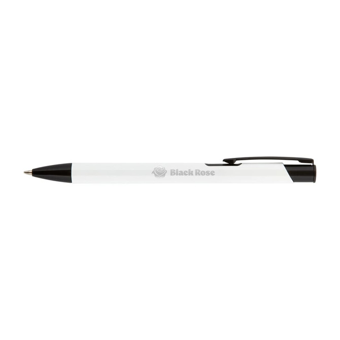 A black and white metal pen featuring a clip and a branding logo.