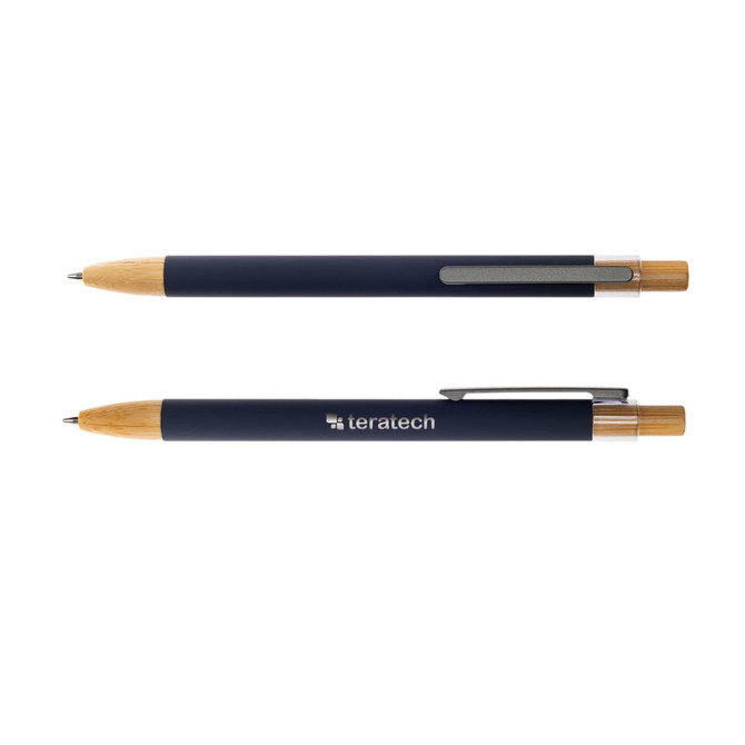 A metal pen with a dark blue body and wooden accents, featuring a clip and branding.