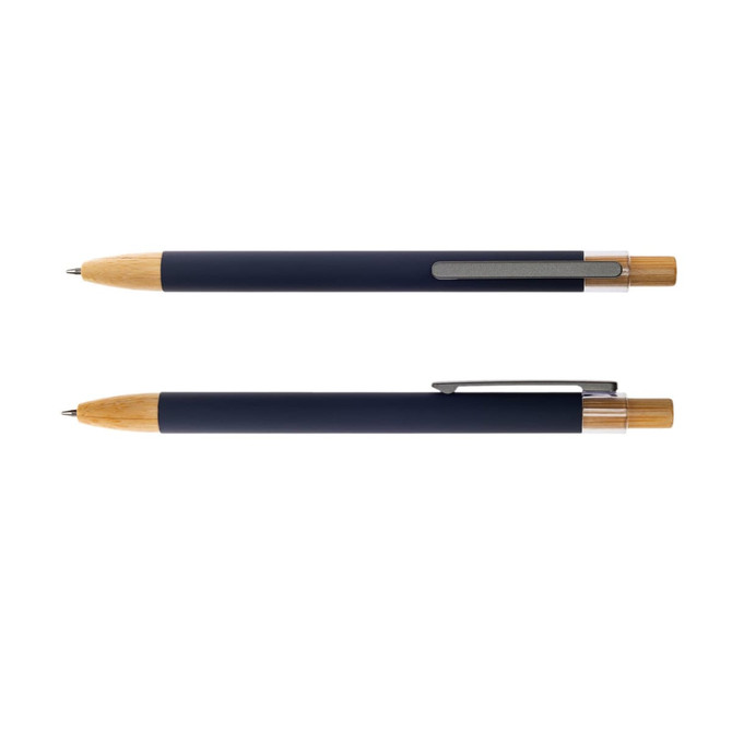 A set of two ergonomic metal pens, featuring a blue body and bamboo accents, with clips for easy carrying.