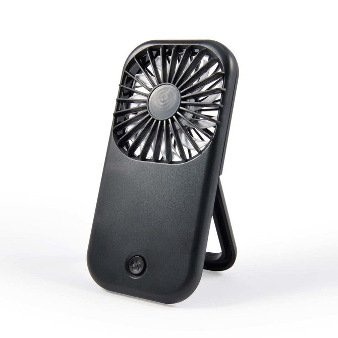 A portable Sirocco Fan with a sleek black design, featuring a foldable stand for easy placement.