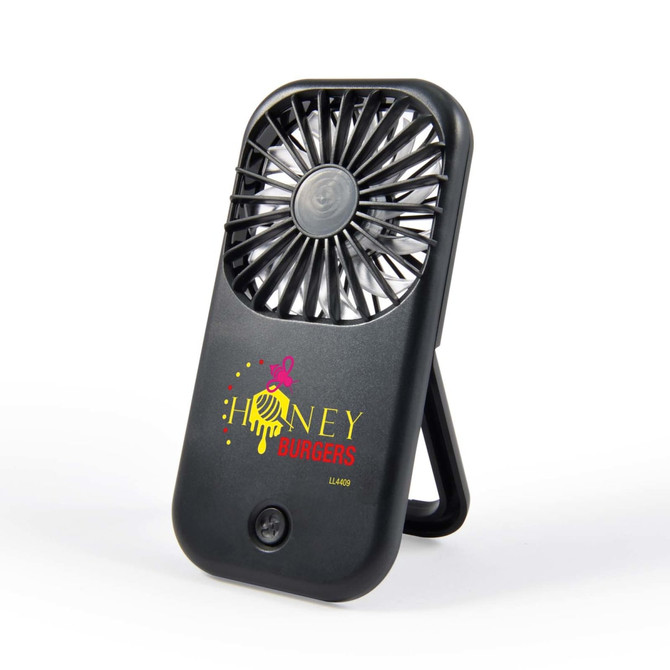 A portable black fan with a stand and branding, designed for leisure and outdoor use.