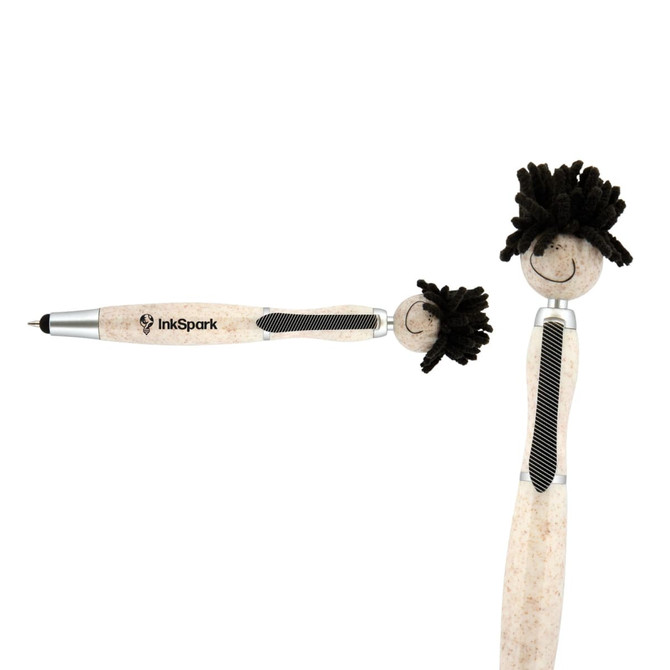 A stylus pen featuring a mop-top design, with a black and light-coloured textured body and a branding logo.