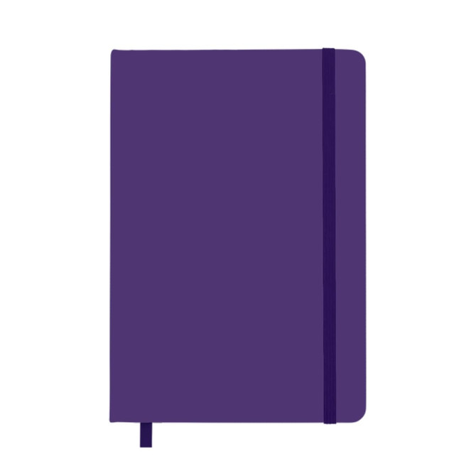 A purple A5 notebook with a ribbon bookmark and an elastic band closure. It features a logo on the cover.