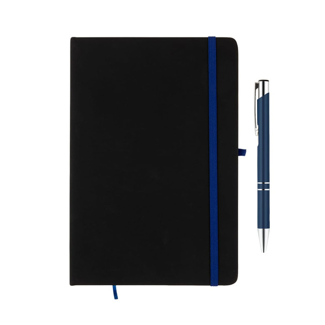 A black notebook with a blue elastic band and a blue pen beside it. The notebook has a logo.