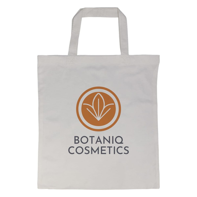 A beige tote bag with short handles and a logo in the center.