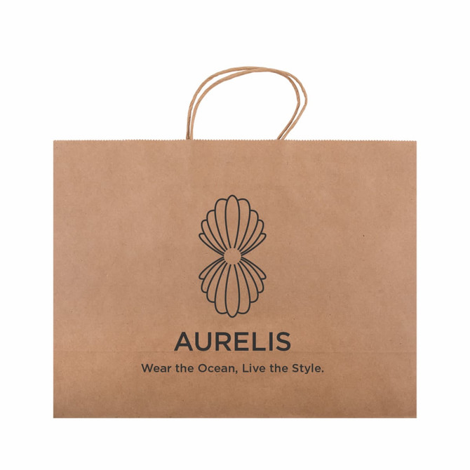A large brown paper bag with a decorative logo and handles for carrying items.