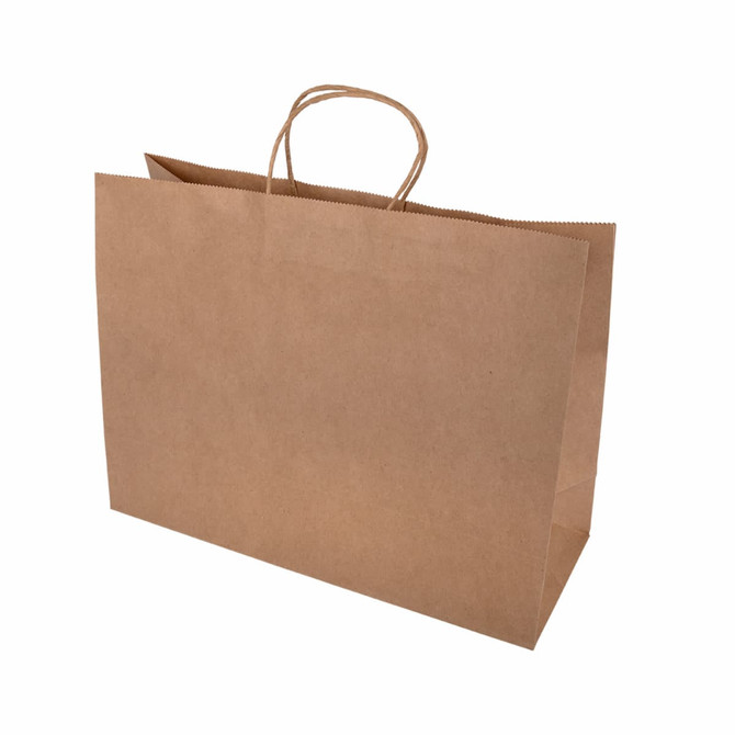 A large brown paper bag with a sturdy handle and a flat bottom, featuring a simple design and natural finish.