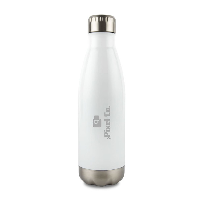 A drink bottle in white stainless steel with a silver cap and a logo displayed on the side.