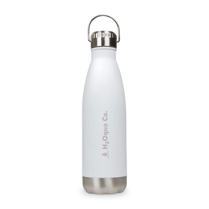 A drink bottle in white with a stainless steel bottom and a hanger lid, featuring a logo.
