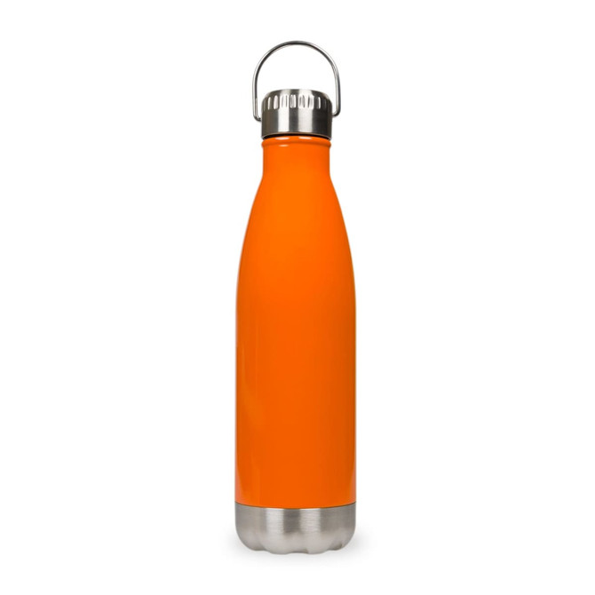 A drink bottle in bright orange with a stainless steel bottom and a hanger lid. It features a logo on the surface.