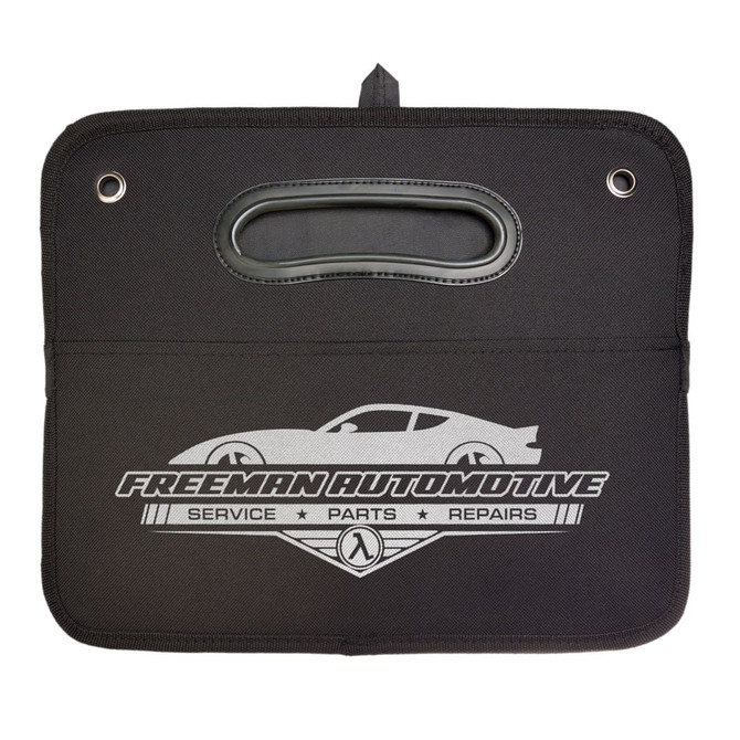 A black cargo storage organiser with a handle and a logo featuring a car silhouette.