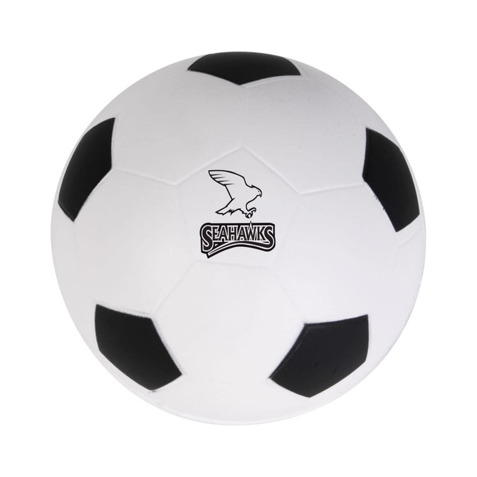A white soccer ball stress reliever with black patches and a logo.
