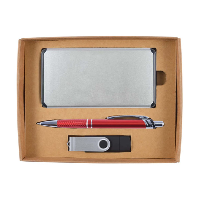 A cardboard gift set containing a power bank, a red pen, and a USB flash drive, all arranged neatly in a brown box.
