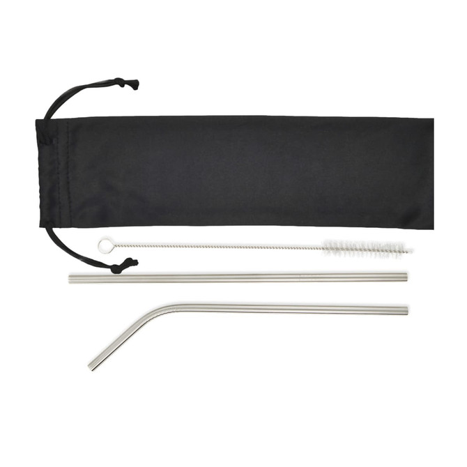 A drink bottle accessory set featuring two stainless steel straws, a cleaning brush, and a black carrying pouch.