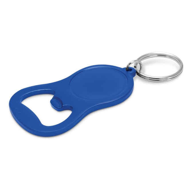 A drink bottle opener key ring in vibrant blue, featuring a smooth design and a sturdy metal key ring.
