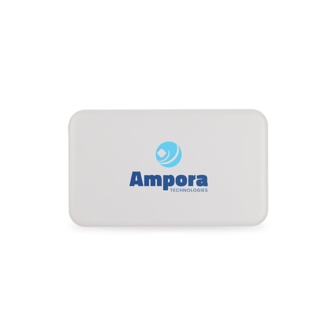 A white power bank with a rounded design and a logo in the centre.