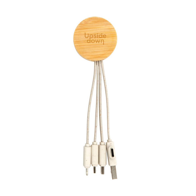 A round bamboo charging cable with multiple connectors and a logo, featuring a natural tan and white colour scheme.