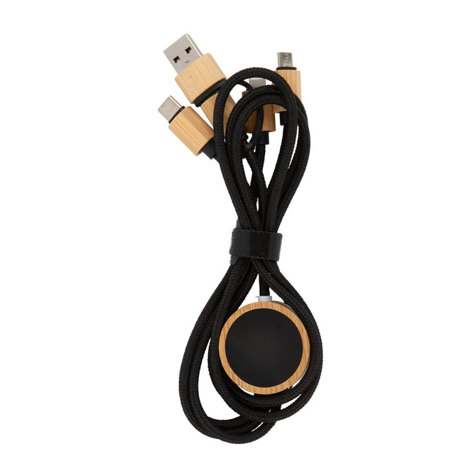 A charging cable in black with multiple connectors and a wooden-style circular holder. It includes a logo.