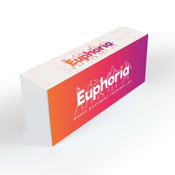 A rectangular product box featuring a gradient design of purple to orange, with a logo and illustration on the front.