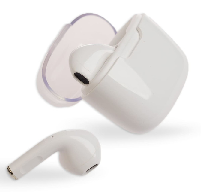 White Twista Earbuds with a charging case, featuring a sleek design. Earbuds have a smooth finish and rounded edges.