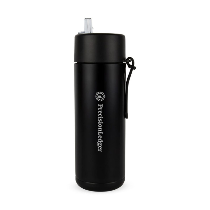 A drink bottle in matte black, featuring a logo and a flip-top lid with a straw.