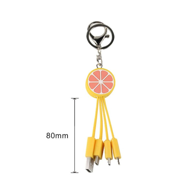 A yellow custom-shaped PVC charging cable with a keyring and a sliced fruit design, featuring three connectors.
